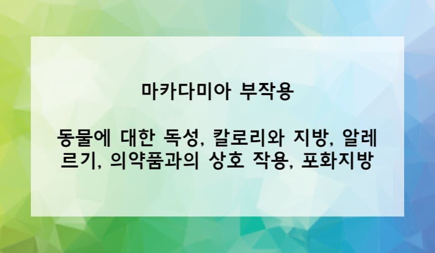 마카다미아 부작용 : 동물에 대한 독성&#44; 칼로리와 지방&#44; 알레르기&#44; 의약품과의 상호 작용&#44; 포화지방