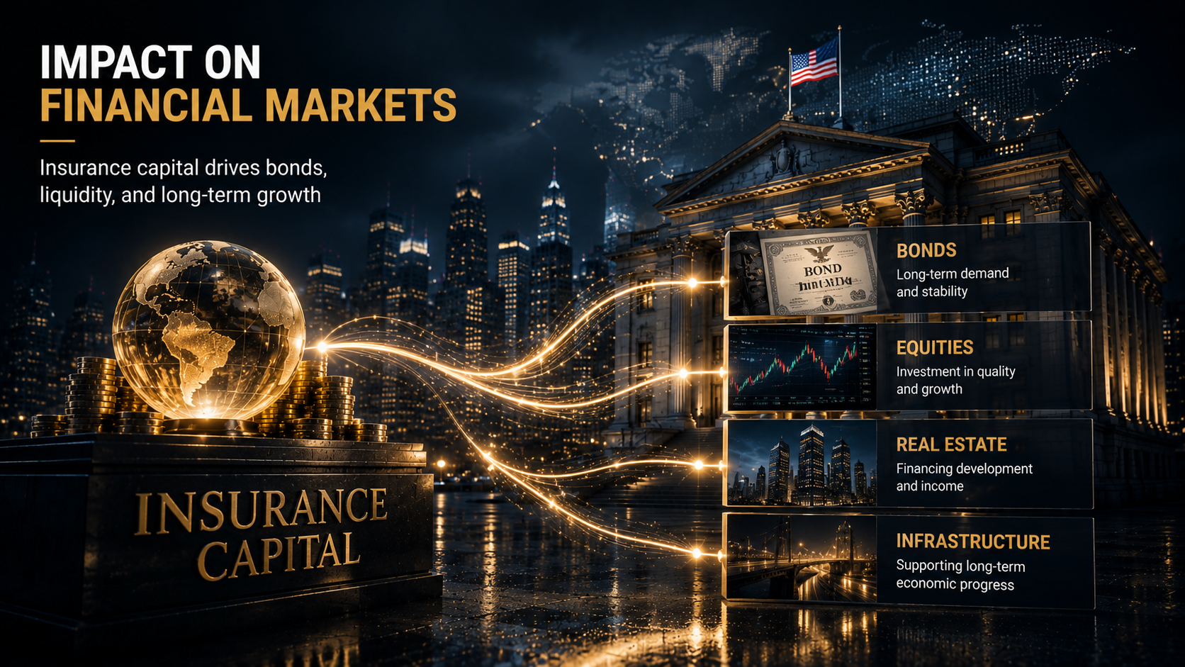 Insurance industry capital supporting bonds, stocks, real estate, and long-term economic growth.