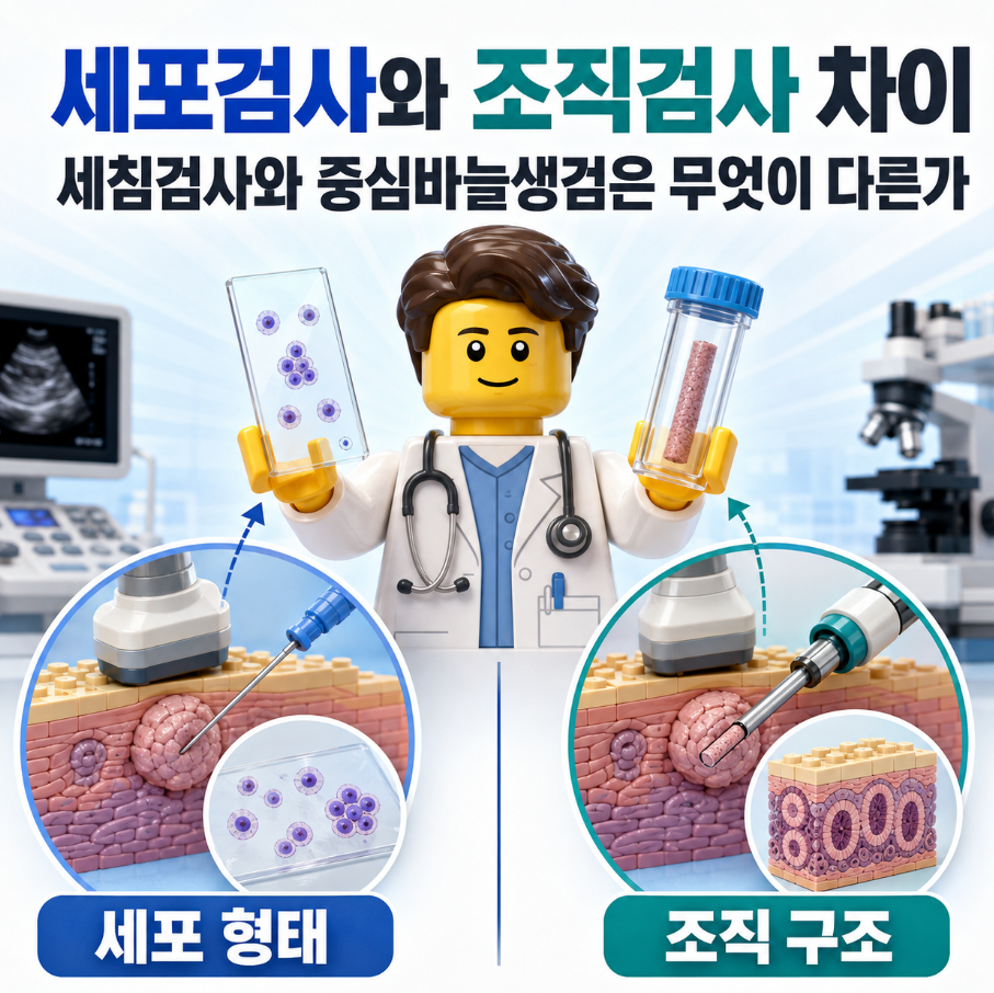 세포검사와 조직검사의 차이를 세포 슬라이드와 원통형 조직 코어, 세침흡인과 중심바늘생검 장면으로 비교한 의료 인포그래픽