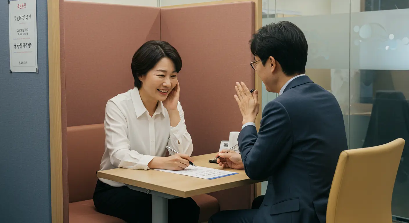 신용점수 600점대 고객이 저신용자 전문 대출 상담사와 11 비밀 상담을 받으며 안도하는 모습