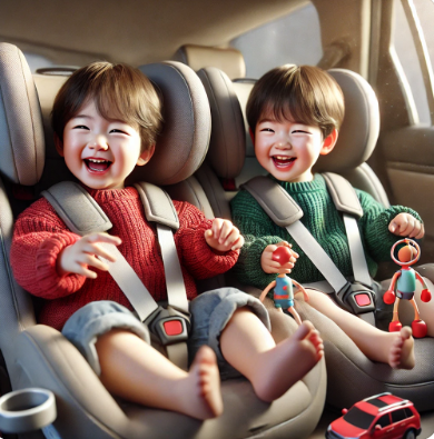쌍둥이가 카시트를 타고 있는 사진