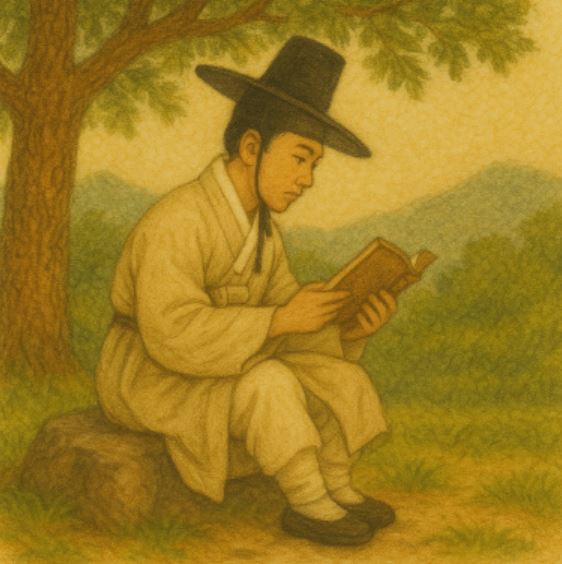 조선시대 선비 복장을 한 젊은이가 나무 그늘 아래 앉아 책을 읽으며 사색에 잠긴 모습