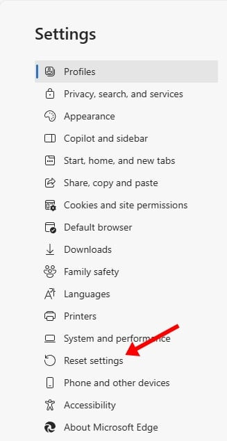 윈도우 엣지 설정 메뉴의 리셋 버튼