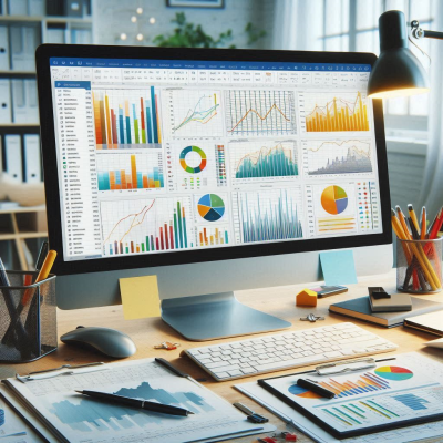 여러 컴퓨터 모니터에서 분석되는 다양한 그래프와 차트의 데이터를 확인하는 모습.