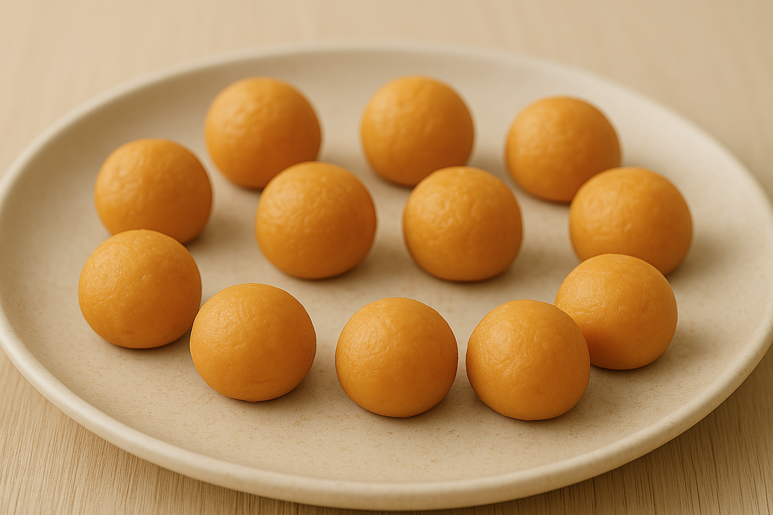 크림색 접시에 지름 1.5cm 정도의 고구마 당근 무스볼이 여러 개 올려져 있다. 푹 익힌 고구마와 당근을 곱게 으깨 둥글게 빚은 것으로, 매끈하고 촉촉한 표면과 은은한 주황빛이 노령견을 위한 부드러운 한입 간식임을 보여준다.