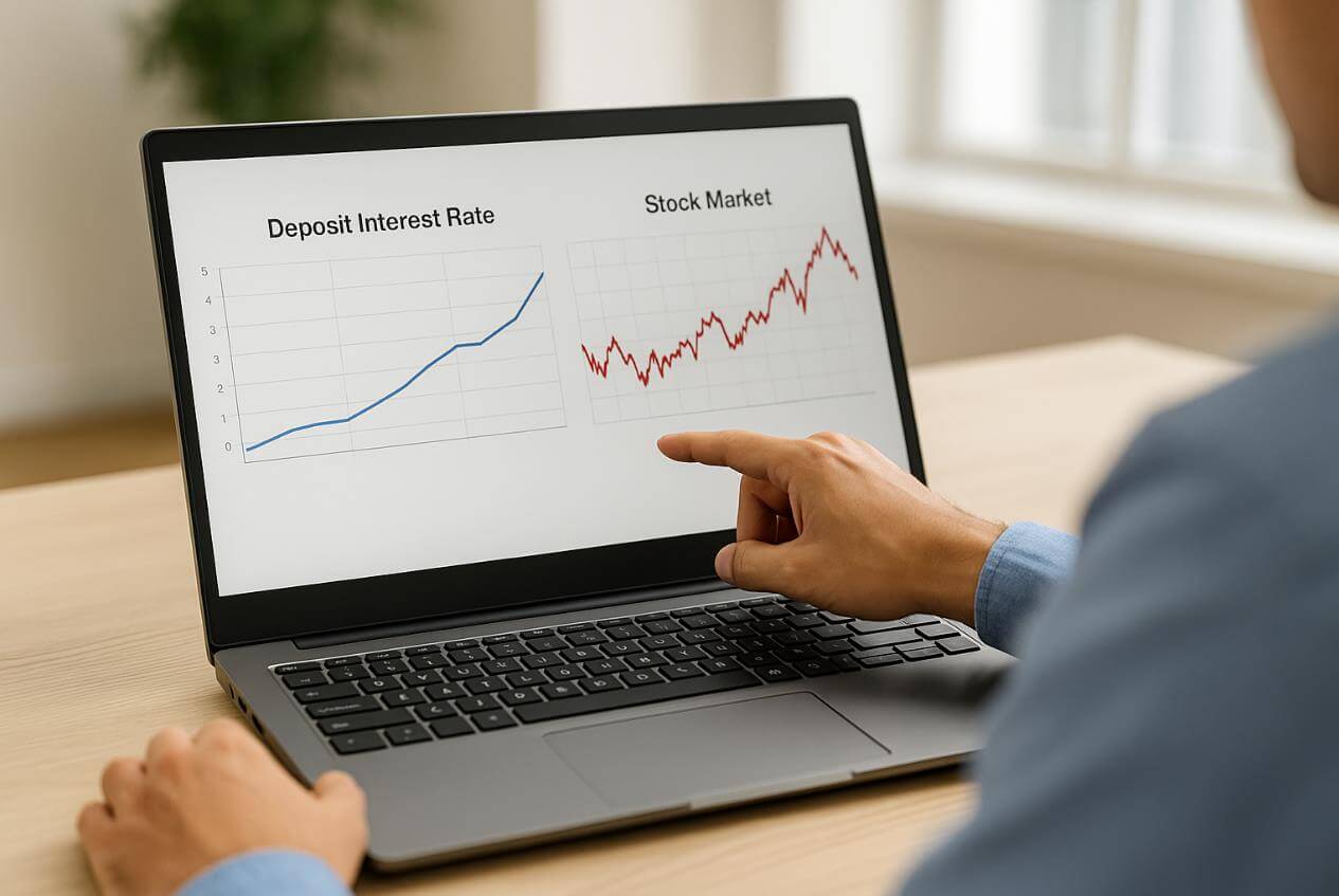 노트북 화면에 예금 금리와 주식시장 그래프를 비교 분석하는 모습.