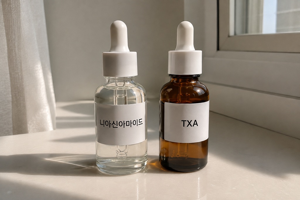 나이아신아마이드와 트라넥사믹애씨드 TXA 미백 세럼을 비교한 사진