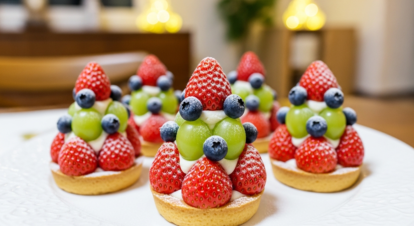 딸기, 청포도, 블루베리로 크리스마스 트리처럼 장식된 미니 과일 타르트 클로즈업