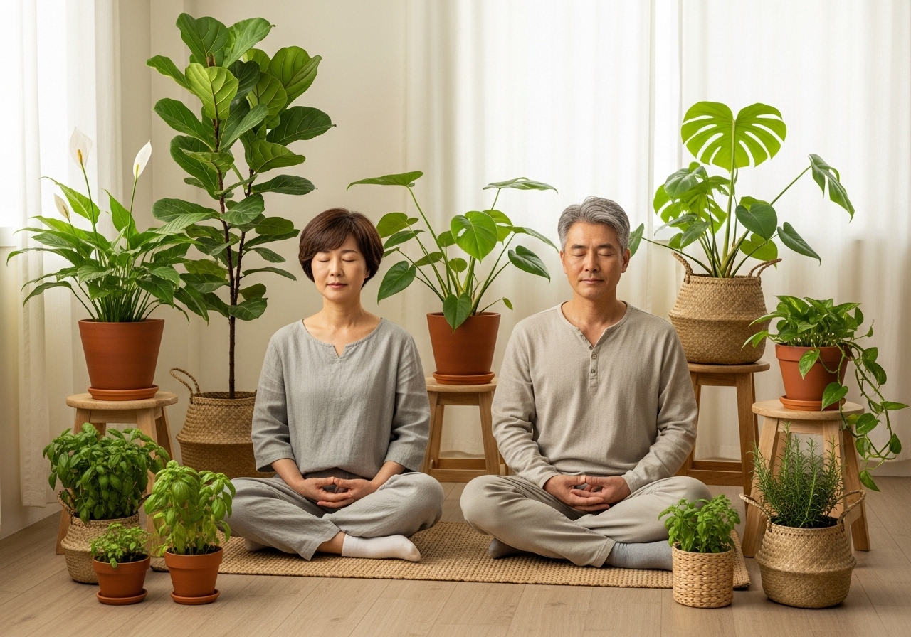 부부가 반려식물 옆에서 명상