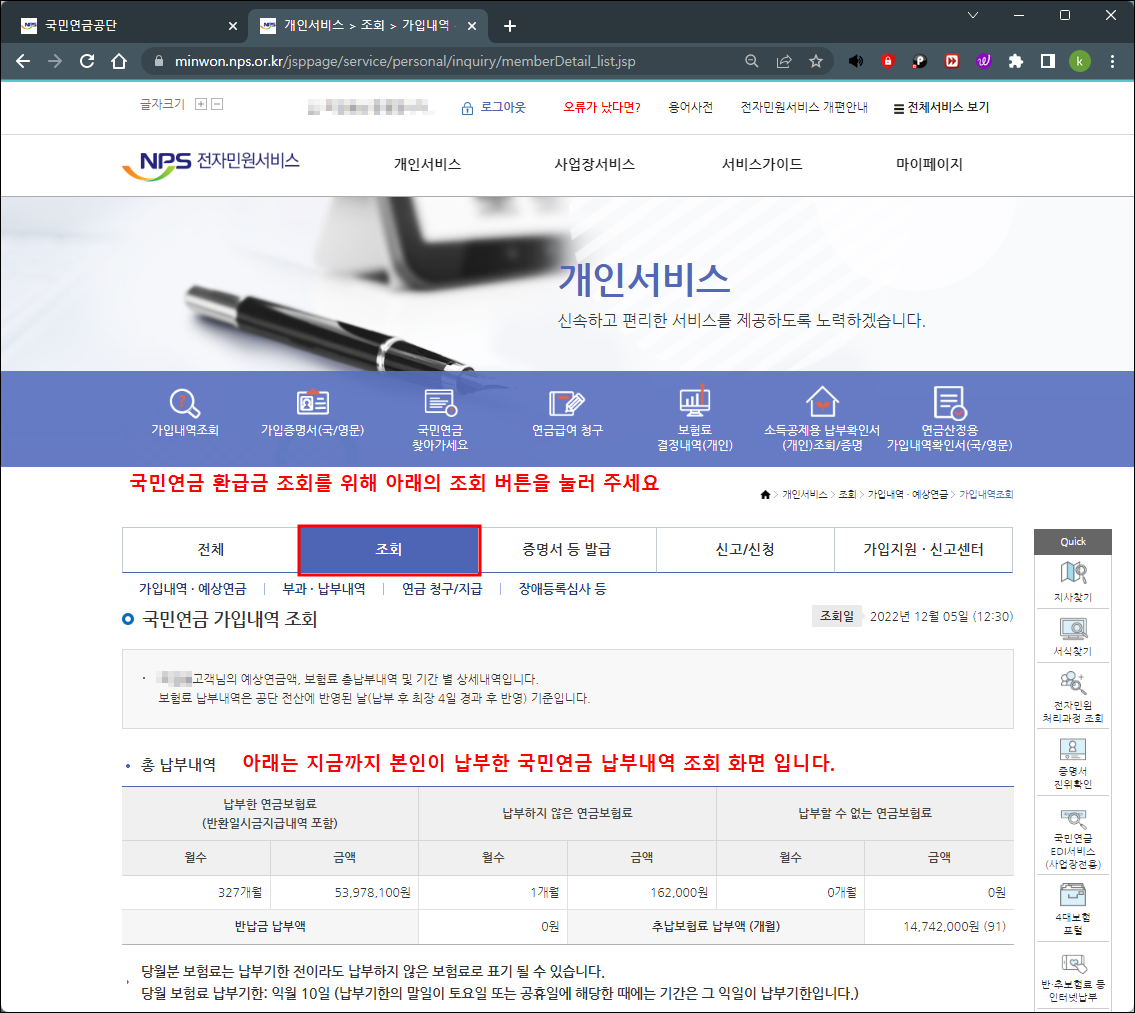 국민연금 가입내역 조회