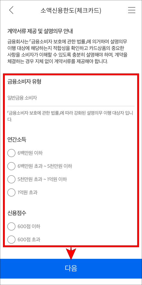 금융소비자 유형을 선택하고 연간소득과 신용점수를 선택한 뒤&#44; 다음을 선택