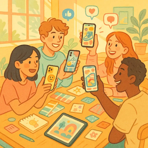 밝고 따뜻한 색조 속에서 디지털 창작과 협업의 즐거움을 표현한 일러스트