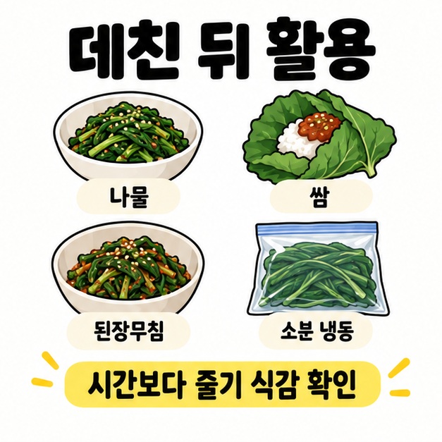 데친 머구잎을 나물, 쌈, 된장무침으로 활용하고 소분해 냉동 보관하는 방법을 정리한 카드