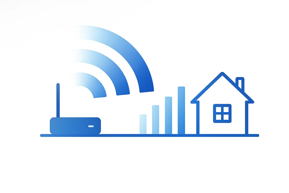 공유기에서 와이파이 증폭기로 신호가 확장되는 모습을 나타낸 네트워크 다이어그램 일러스트