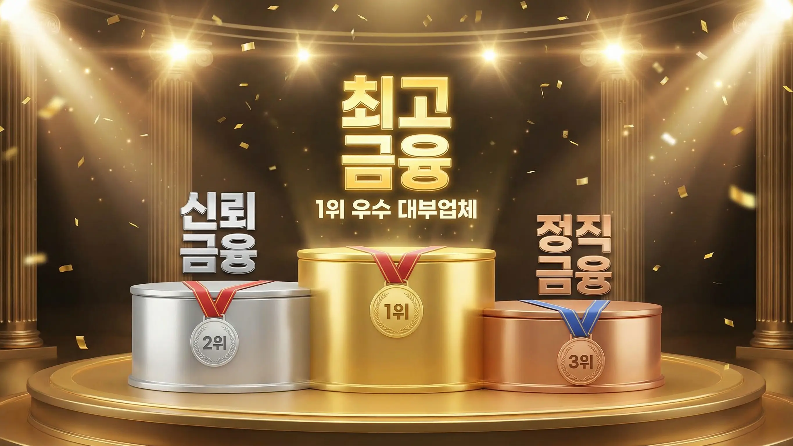 금메달 은메달 동메달이 걸려 있는 시상대 위에 우수 대부업체들의 로고가 빛나는 순위 이미지