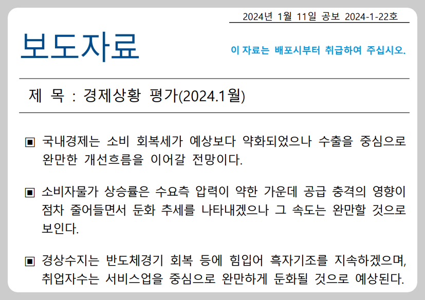 2024년 1월 물가정보, 물가자료, 한국은행 발표