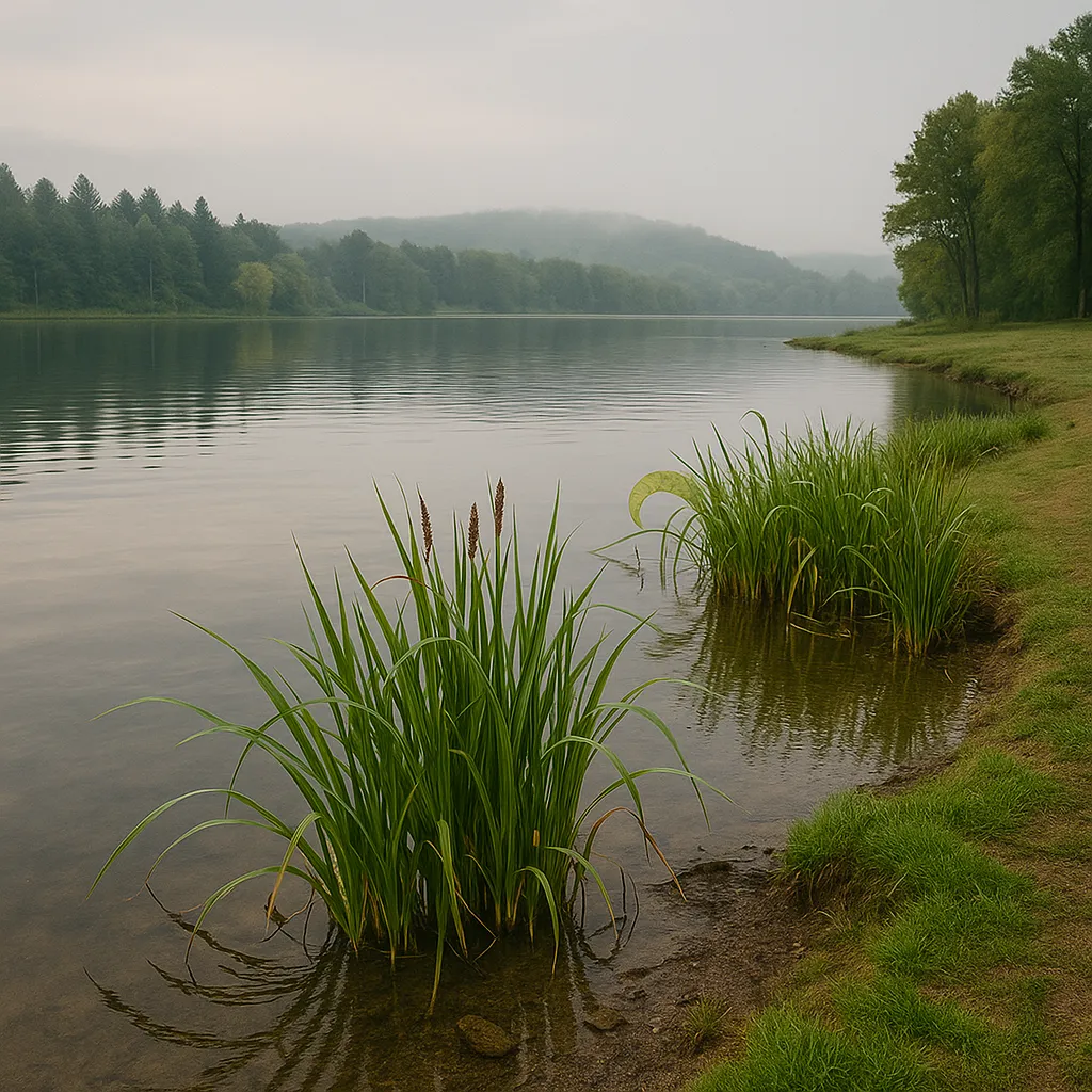 수초가 자란 조용한 호숫가의 배스 낚시 포인트