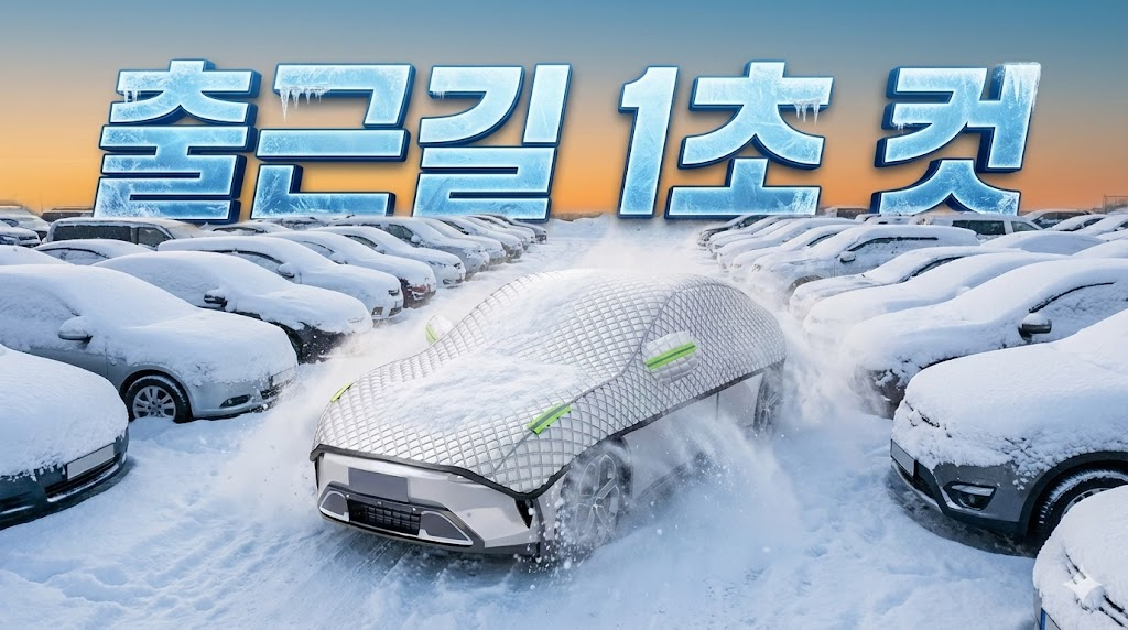 눈이 수북이 쌓인 다른 차들과 달리, 커버 덕분에 눈이 미끄러지듯 떨어지는 역동적인 모습과 "출근길 1초 컷"이라는 강력한 문구를 통해 클릭을 유도합니다.