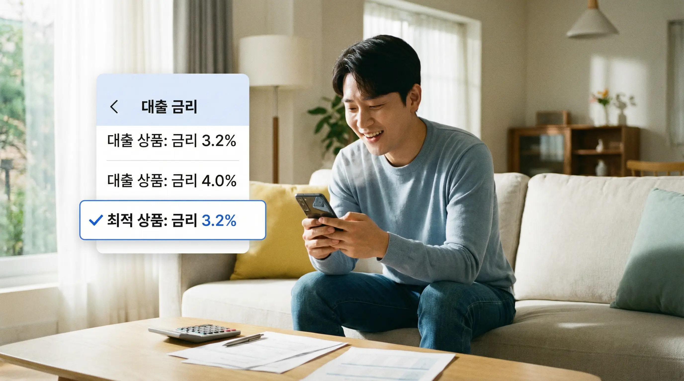 스마트폰으로 대출 금리를 비교하고 최적의 상품을 선택하여 안도하는 금융 소비자의 모습