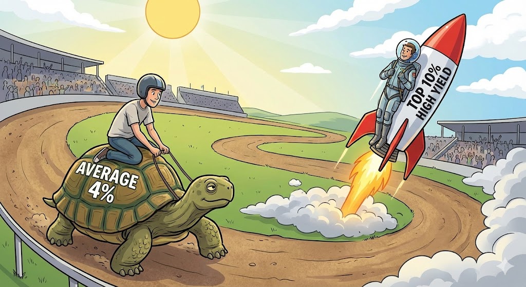 '수익률 4% 거북이(일반인)'와 '수익률 50% 로켓(고수)'이 나란히 출발했지만 로켓이 훨씬 높이 날아가는 이미지