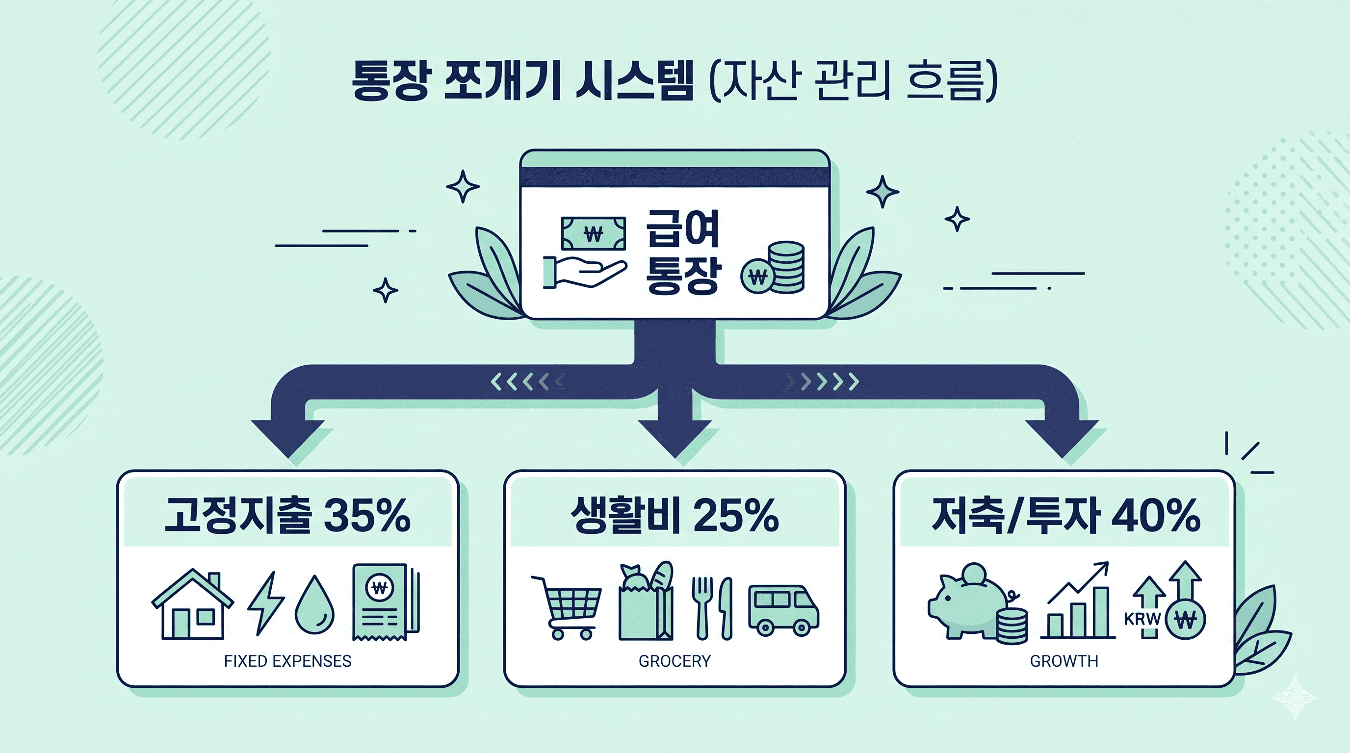 사회 초년생 월급 통장 4분할 구조 - 급여 통장에서 고정지출 35%, 생활비 25%, 저축투자 40%로 자동 배분