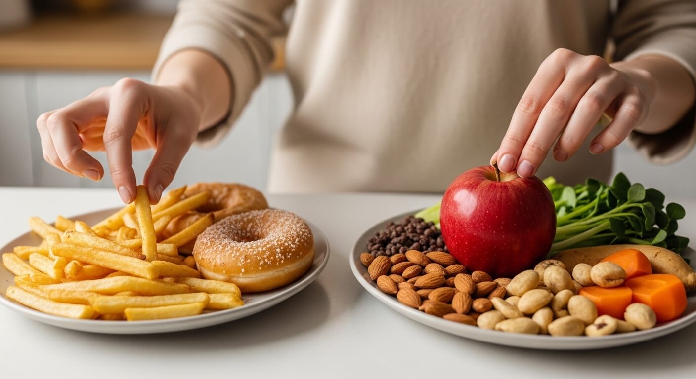 고지혈증에 나쁜 음식과 좋은 음식 비교 튀김 도넛 대신 견과류와 채소 식단