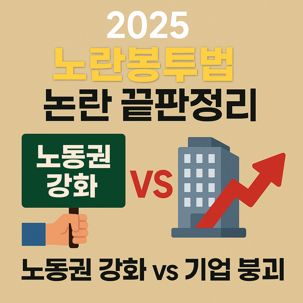2025년 노란봉투법 논란을 주제로 한 썸네일, 균형저울 위에 노동자의 안전모와 기업 건물이 놓여 상반된 이해관계를 상징적으로 표현한 이미지
