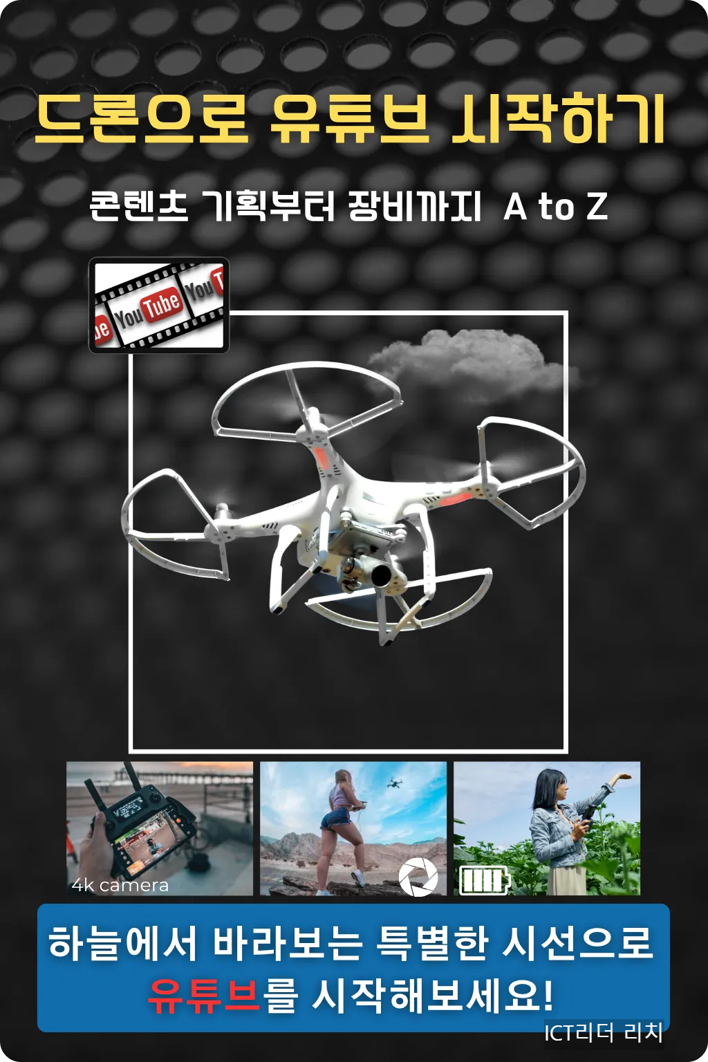 다양한 장면과 아이콘으로 구성된 드론 유튜브 시작 가이드 인포그래픽