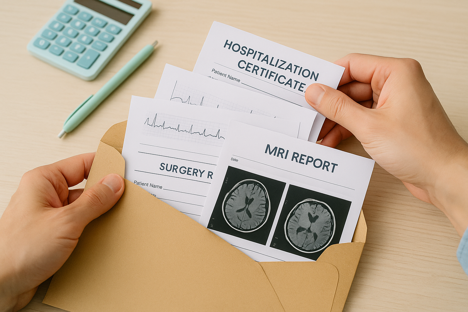 뇌·심장 보장 청구를 위해 진단서, MRI 판독서, 심전도 결과, 수술 기록, 입퇴원 확인서를 봉투에 정리하는 손을 클로즈업한 실사 사진