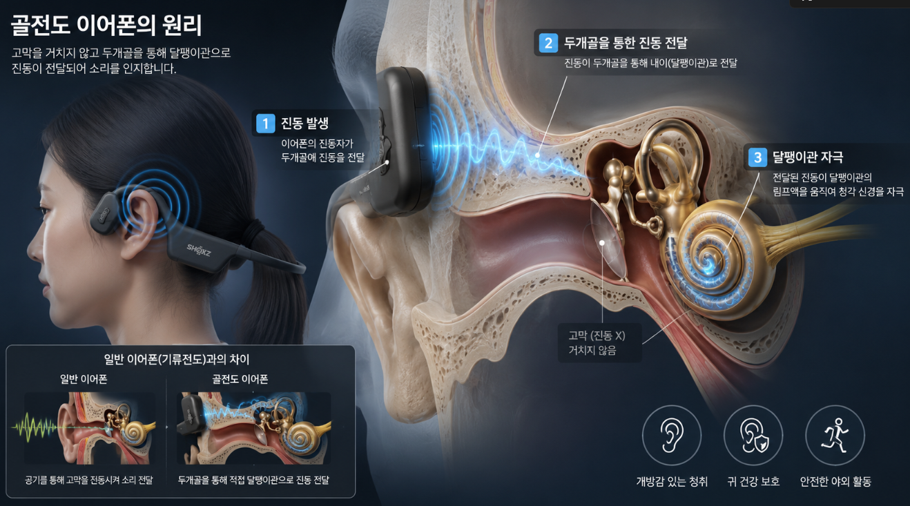 고막을 거치지 않고 두개골을 통해 달팽이관으로 진동 소파가 전달되는 골전도 이어폰의 과학적 원리를 표현한 3D 의학 그래픽 이미지