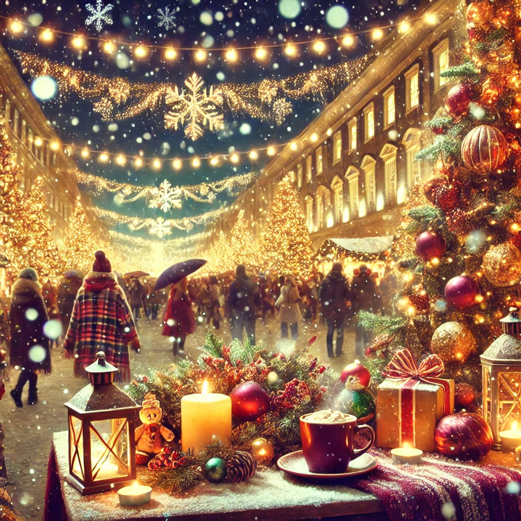 크리스마스 분위기의 조명과 트리 등으로 꾸며진 거리의 모습