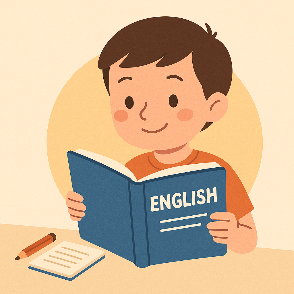 영어책을 읽으며 옆에 메모장과 연필을 둔 초등 저학년 남아