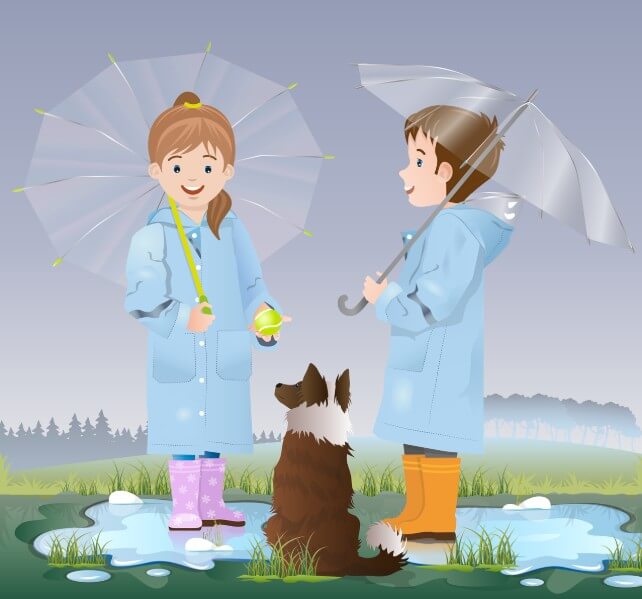 비오는 날 우산을 쓰고 놀고 있는 어린이들