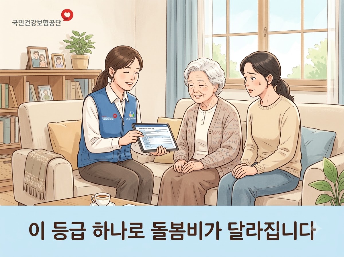 alt="공단 조사원이 가정을 방문해 태블릿으로 어르신 상태를 체크하는 모습, 이 등급 하나로 돌봄비가 달라집니다 문구"