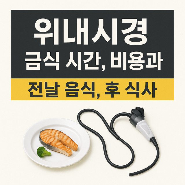 위내시경 금식 시간과 비용, 전날 음식과 시술 후 식사를 설명하는 대표 이미지로, 내시경 기구와 식단 아이콘을 활용했습니다