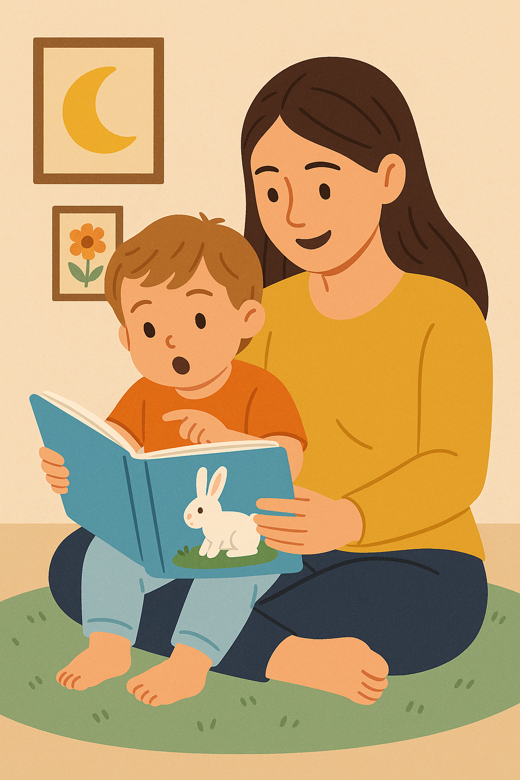 아기와 엄마가 그림책을 함께 보고 있는 사진