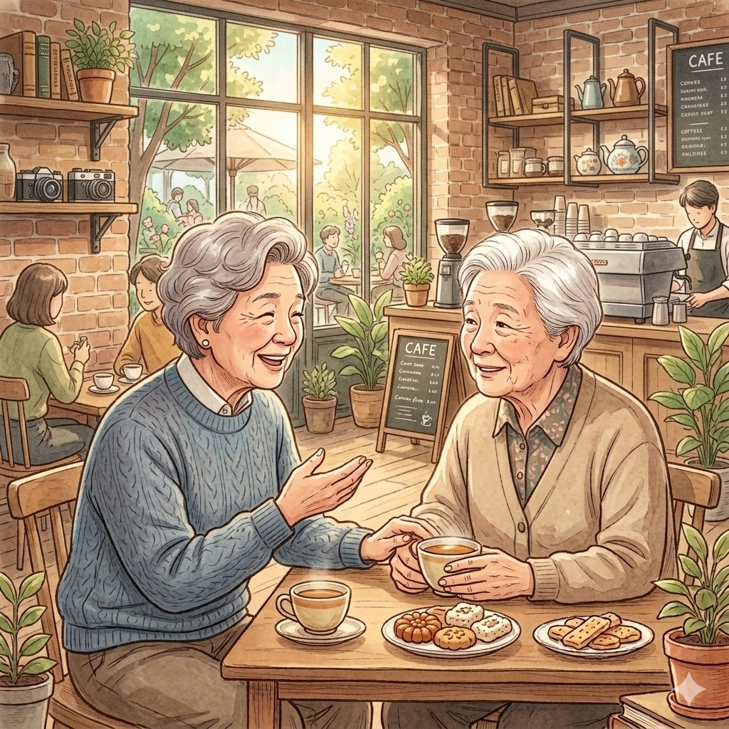 카페에서 친구와 대화하는 시니어