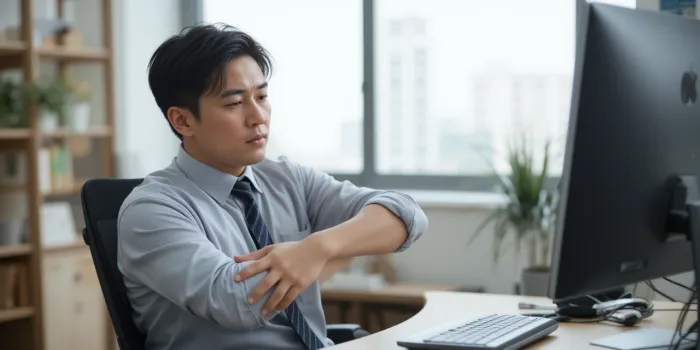 사무실 책상에서 팔꿈치 주무르는 직장인