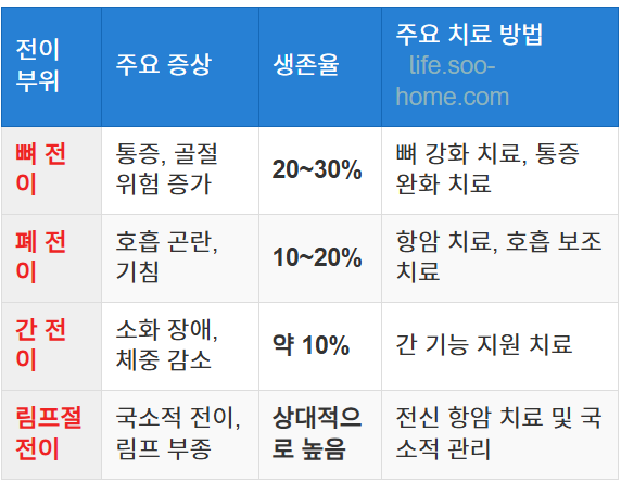전이 부위별 생존율 차이