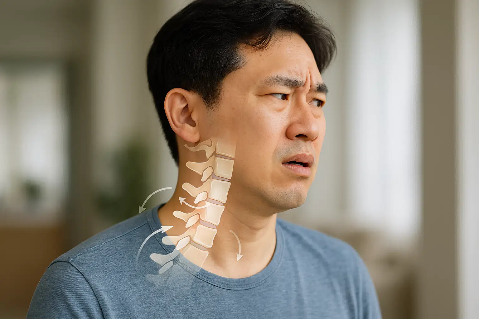 목을 돌릴 때 덜그럭거리는 느낌을 받는 한국인 남성