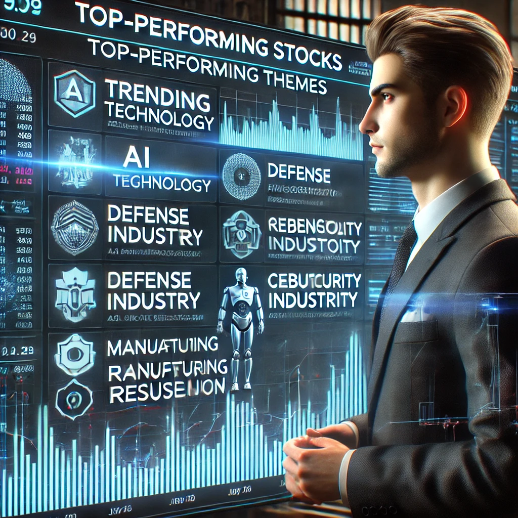 투자자가 주식 시장의 트렌드와 인기 테마주를 분석하는 장면