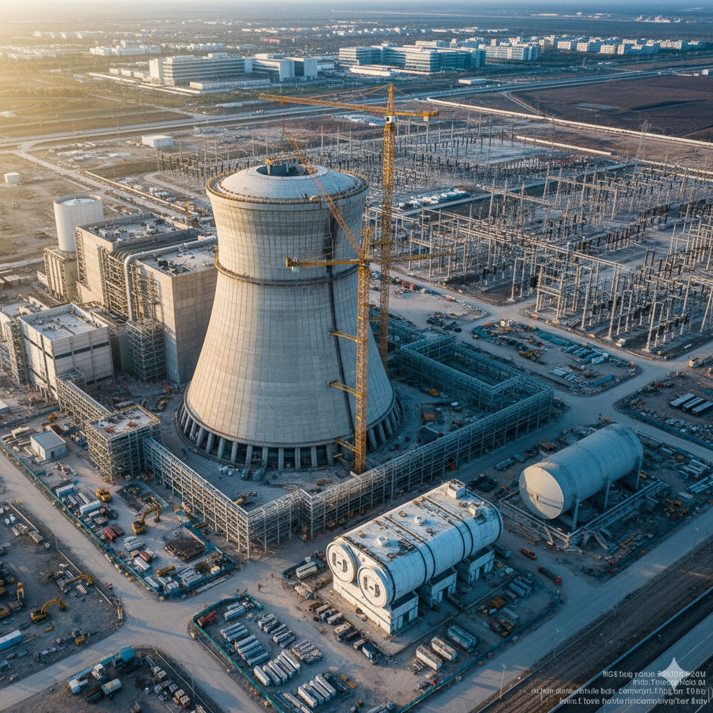 맑은 하늘 아래 해안가에 위치한 원자력 발전소 시공 현장과 타워크레인 - 대우건설 원전 시공 기술력 및 건설 현장 모습