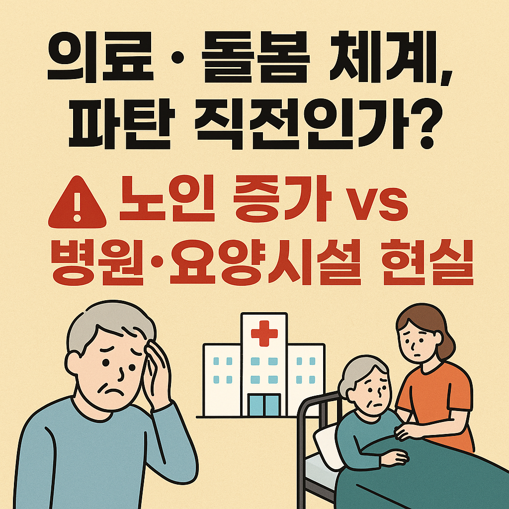 의료 · 돌봄 체계, 파탄 직전인가? 노인 증가 vs 병원·요양시설 현실
고령화,요양시설,의료위기,돌봄부족,노인복지,한국의료,간병인력,장기요양,건강보험,초고령사회
의료 · 돌봄 체계, 파탄 직전인가? 노인 증가 vs 병원·요양시설 현실
의료 · 돌봄 체계, 파탄 직전인가? 노인 증가 vs 병원·요양시설 현실