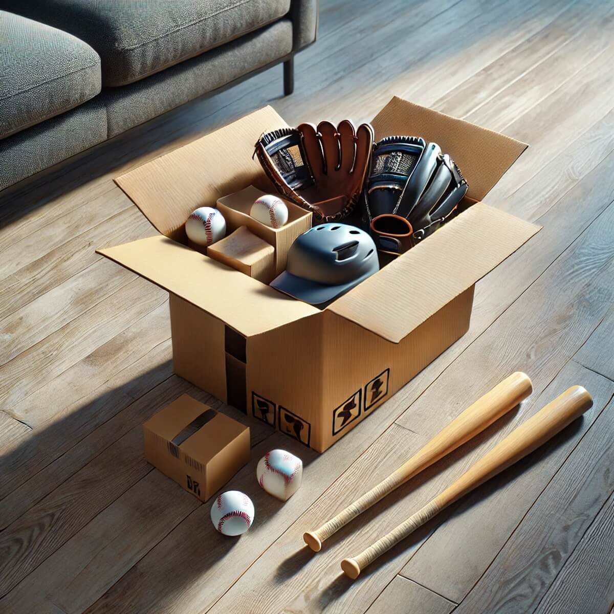 온라인 주문된 야구 장비가 포장되어 배송 준비 중인 모습