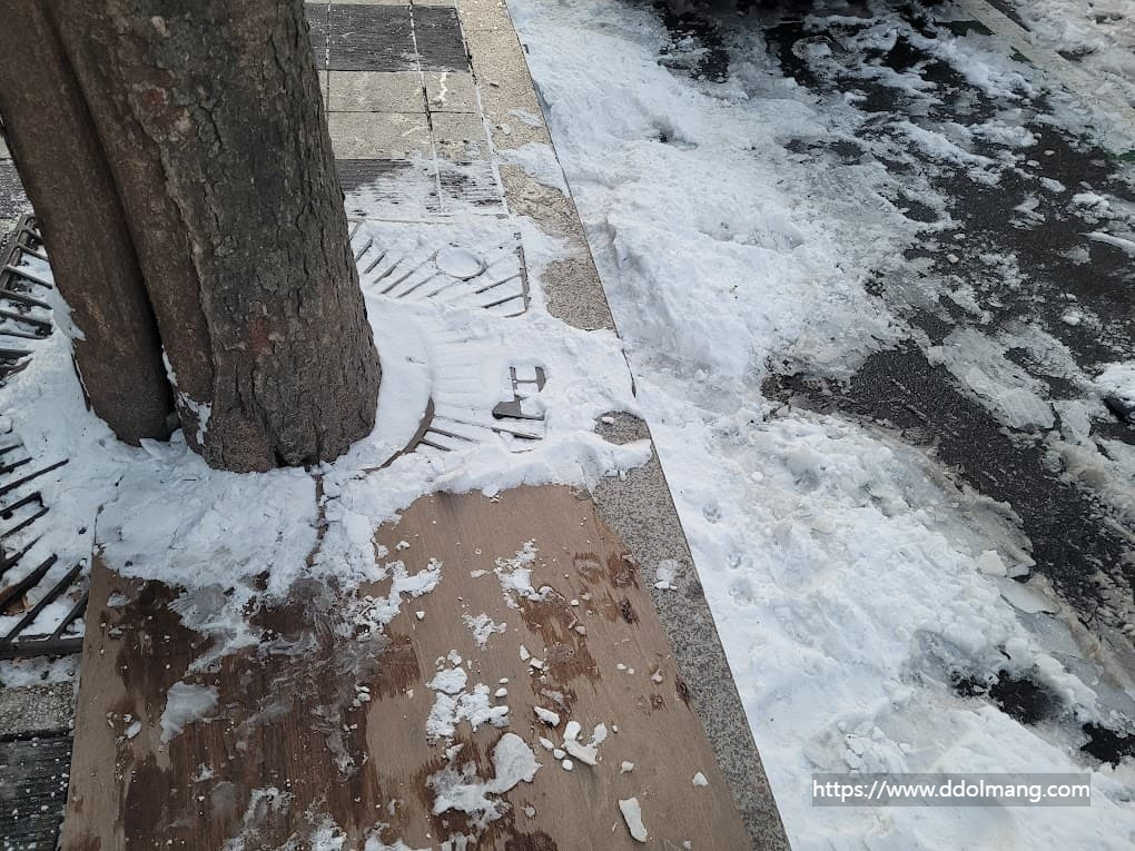 햇볕이 닿지 않는 도로에 남아 있는 얼음