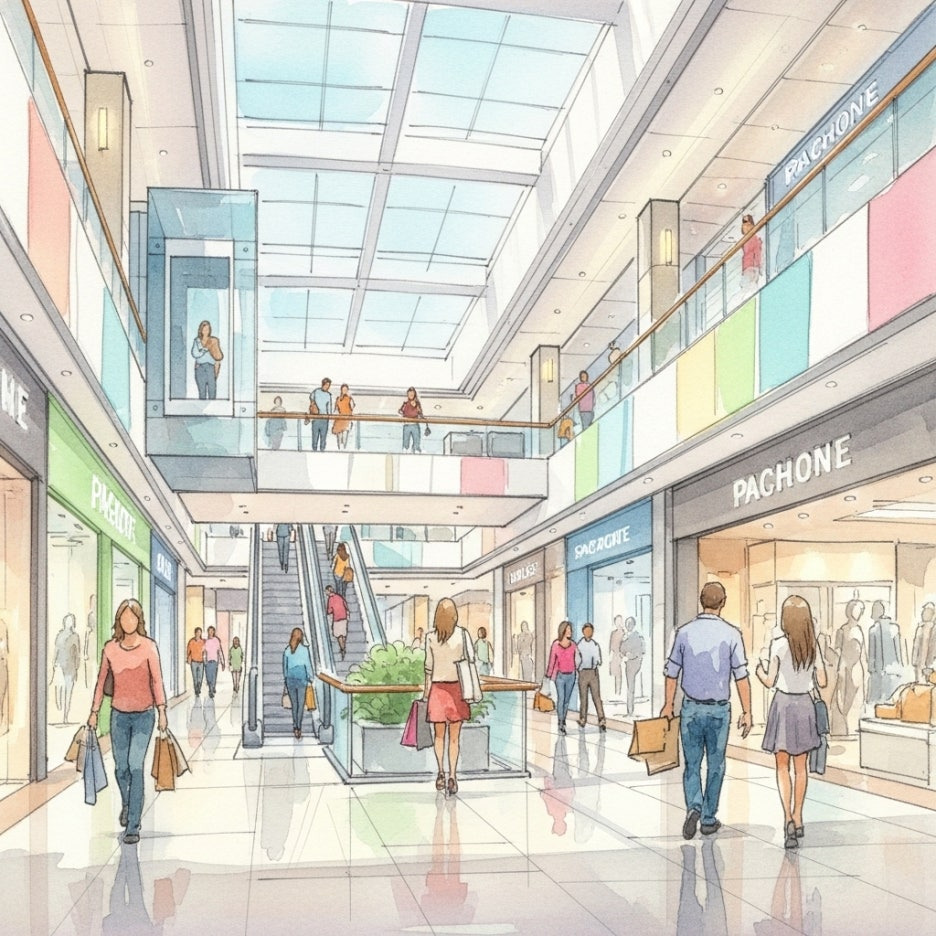 다양한 매장이 입점한 여유로운 쇼핑몰 내부