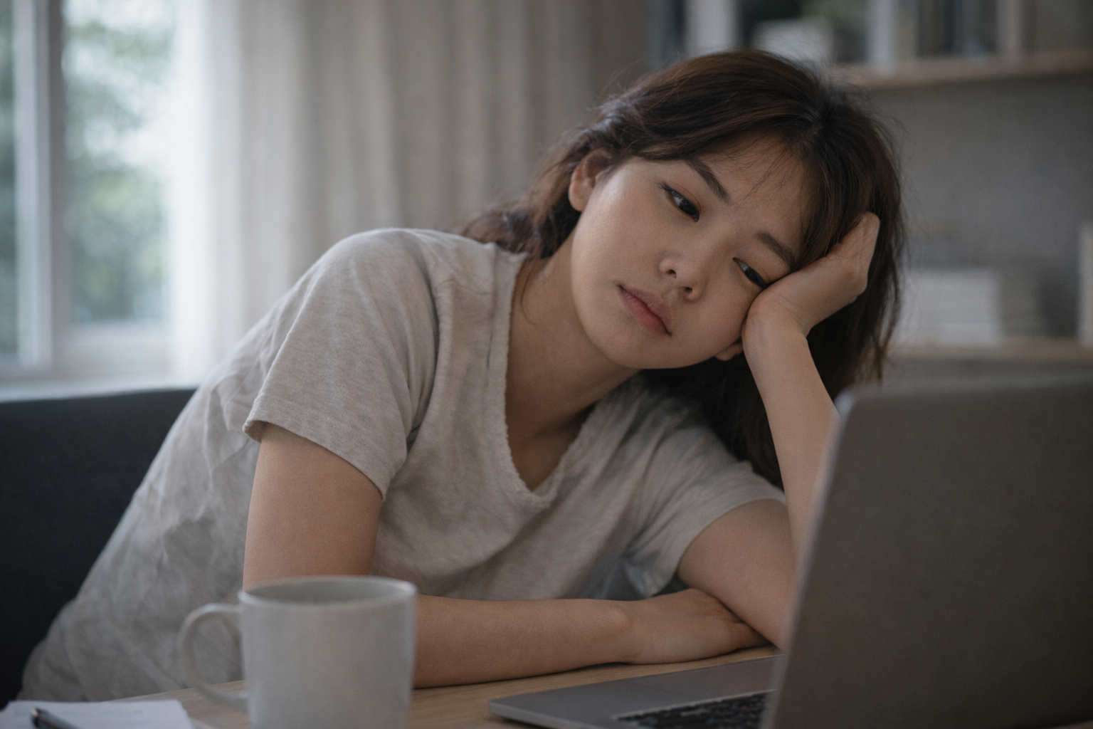 낮에 피곤한 표정으로 노트북 앞에 앉아 있는 30대 여성