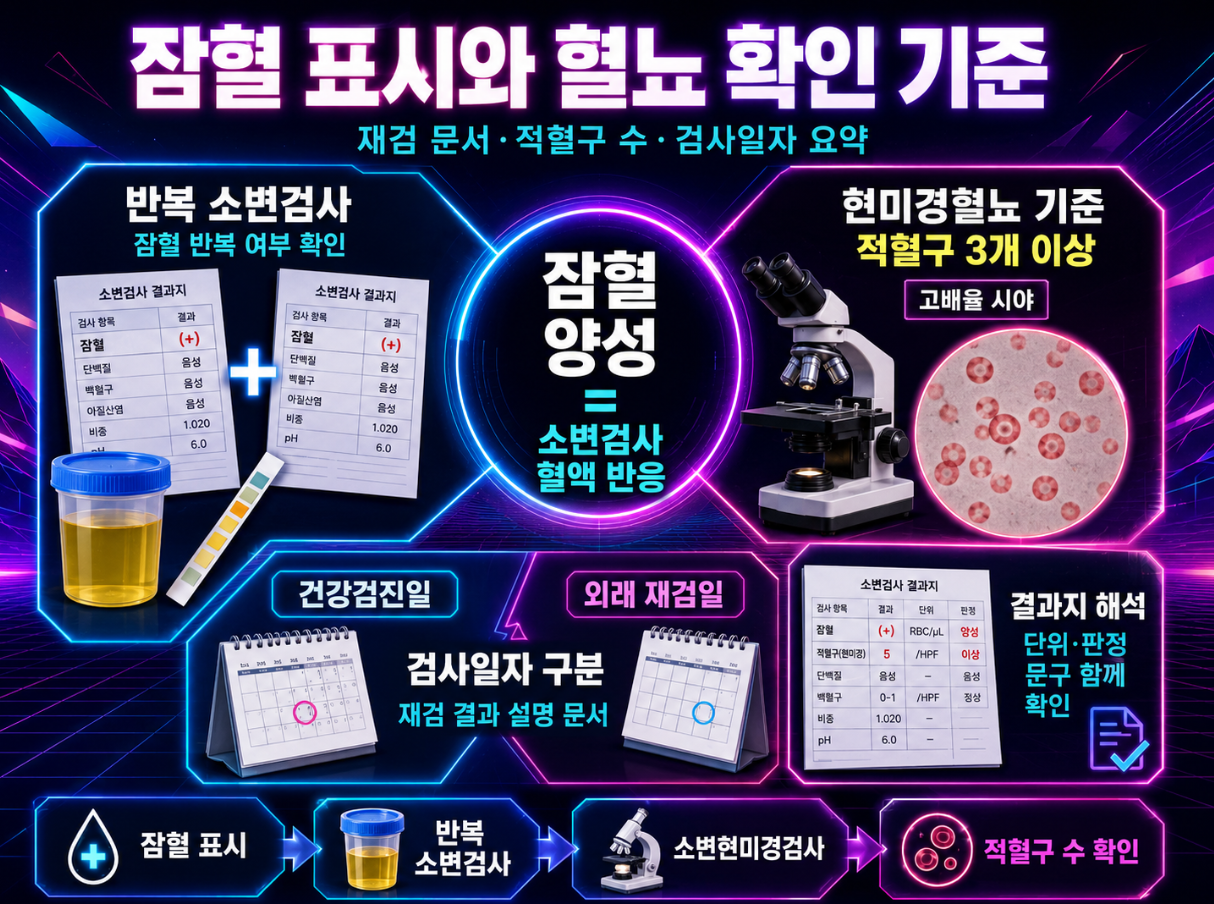 잠혈 표시와 현미경적 혈뇨 확인 기준, 반복 소변검사와 검사일자 구분을 설명한 신스웨이브 인포그래픽