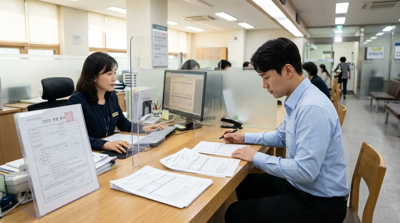 150 이하 통장 압류 해지 신청서 작성을 위해 대한민국 법원 전산망 매뉴얼을 검토하는 금융 소비자