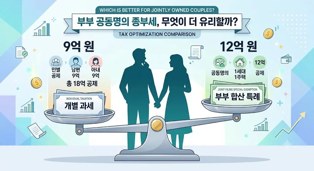 저울 위에 두 개의 세금계산서가 놓인 모습, 부부 실루엣, 깔끔한 인포그래픽 스타일